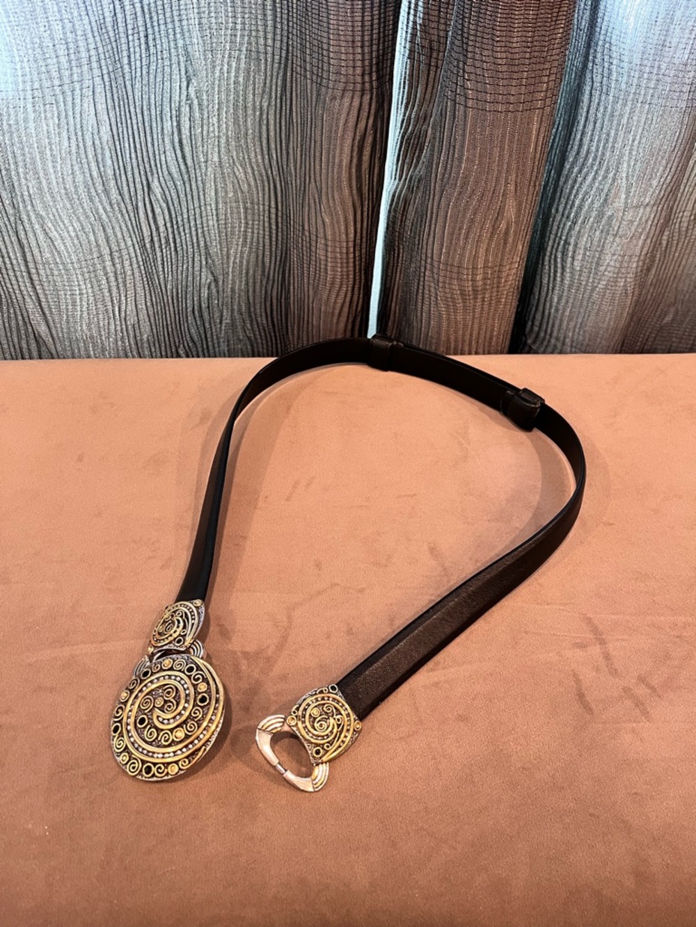 Chico's Black Belt with Ornate Gold-Tone Gemstones Spiral Buckle